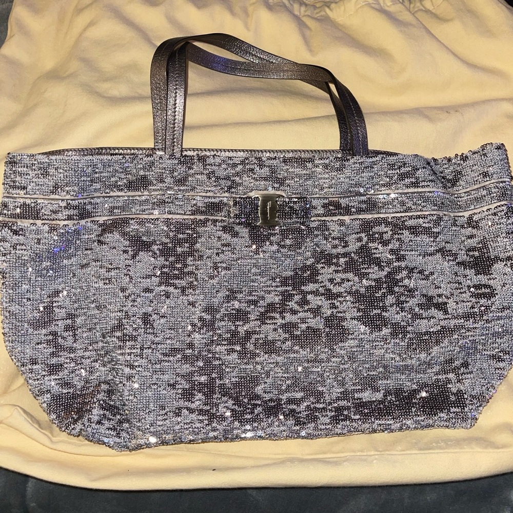 Preloved Salvatore Ferragamo sequins tote bag excellent condition color beige